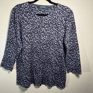 Lauren Ralph‎ Lauren Leopard Print Henley Knit Top 3/4 Sleeve Size XL